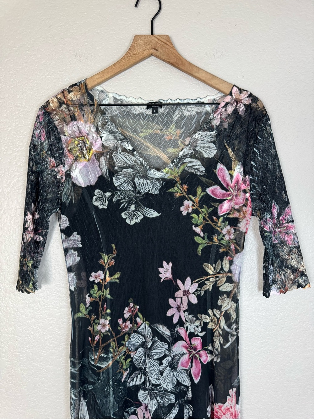 Komarov Floral Print Charmeuse Chiffon Lace Midi Dress 3/4 Sleeves Large $298 - Picture 4 of 12